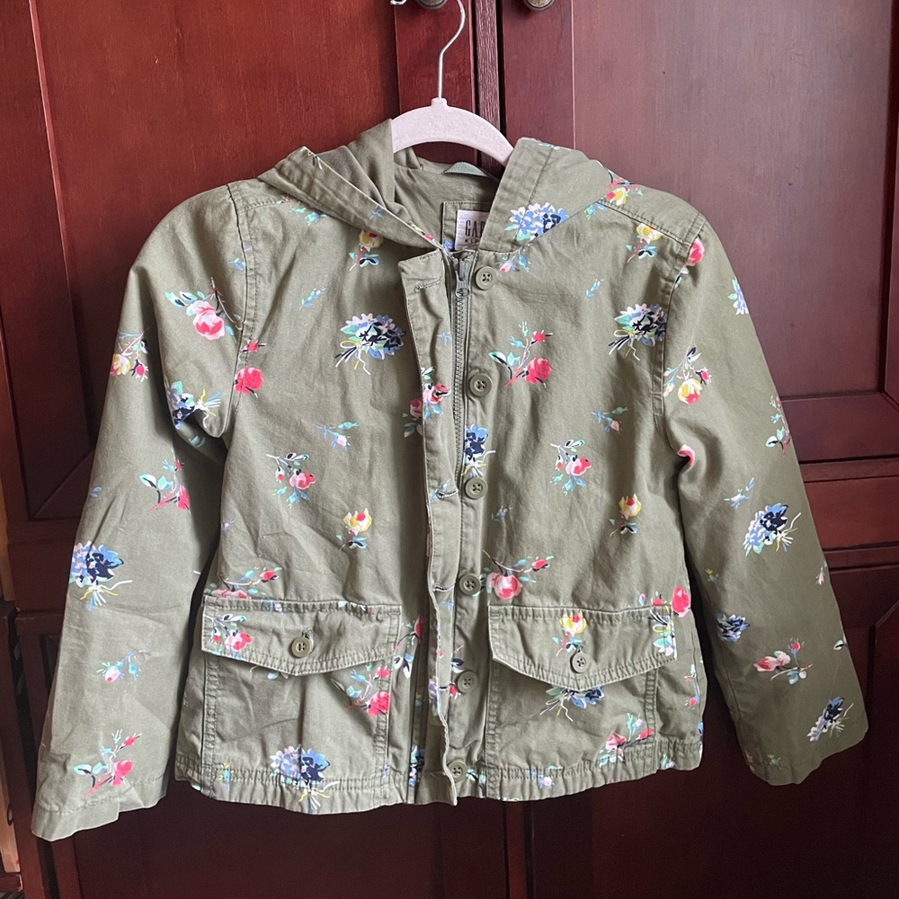Gap Floral Kids Green Print Shirt Hooded Jacket with Pockets Girls XL - Picture 1 of 11